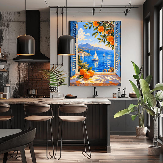 Matisse Coastal Print – Mediterranean Art Print with Blue Shutters & Oranges