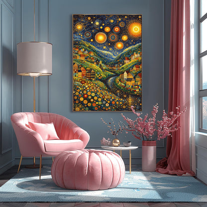 A vertical art print depicting a vibrant, stylized valley at night. The sky is filled with massive, glowing yellow stars with concentric circle patterns and golden swirls. Below, colorful houses with geometric details are built into hills made of green and yellow dots. A dark river winds through the center. The foreground is filled with multi-colored circular flower patterns. The overall style is a mix of mosaic textures and swirling post-impressionist brushwork.