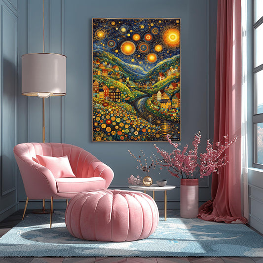 A vertical art print depicting a vibrant, stylized valley at night. The sky is filled with massive, glowing yellow stars with concentric circle patterns and golden swirls. Below, colorful houses with geometric details are built into hills made of green and yellow dots. A dark river winds through the center. The foreground is filled with multi-colored circular flower patterns. The overall style is a mix of mosaic textures and swirling post-impressionist brushwork.