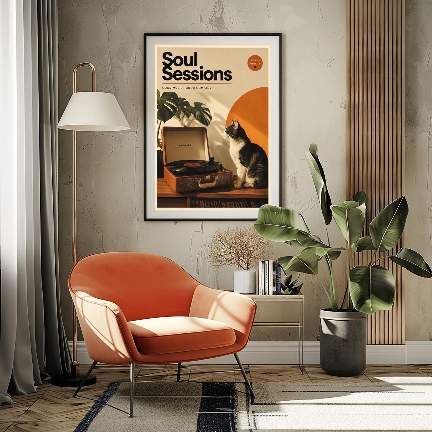 A vertical retro fine art poster titled "Soul Sessions" on a wide cream border. The design features a bold black heading at the top above the text "GOOD MUSIC. GOOD COMPANY." In the central artwork, a black and white tuxedo cat sits contentedly next to an open tan Crosley record player spinning a vinyl record. A large orange sun shape and a monstera plant decorate the background.