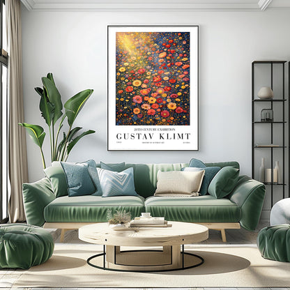 A vertical museum exhibition poster in the style of Gustav Klimt. A dense field of stylized poppies and wildflowers in coral, red, and yellow fills the frame. A bright golden sunburst glows from the top left. The background is a dark navy blue. Bold black text at the bottom reads "GUSTAV KLIMT" and "HISTORY OF AUSTRIAN ART."