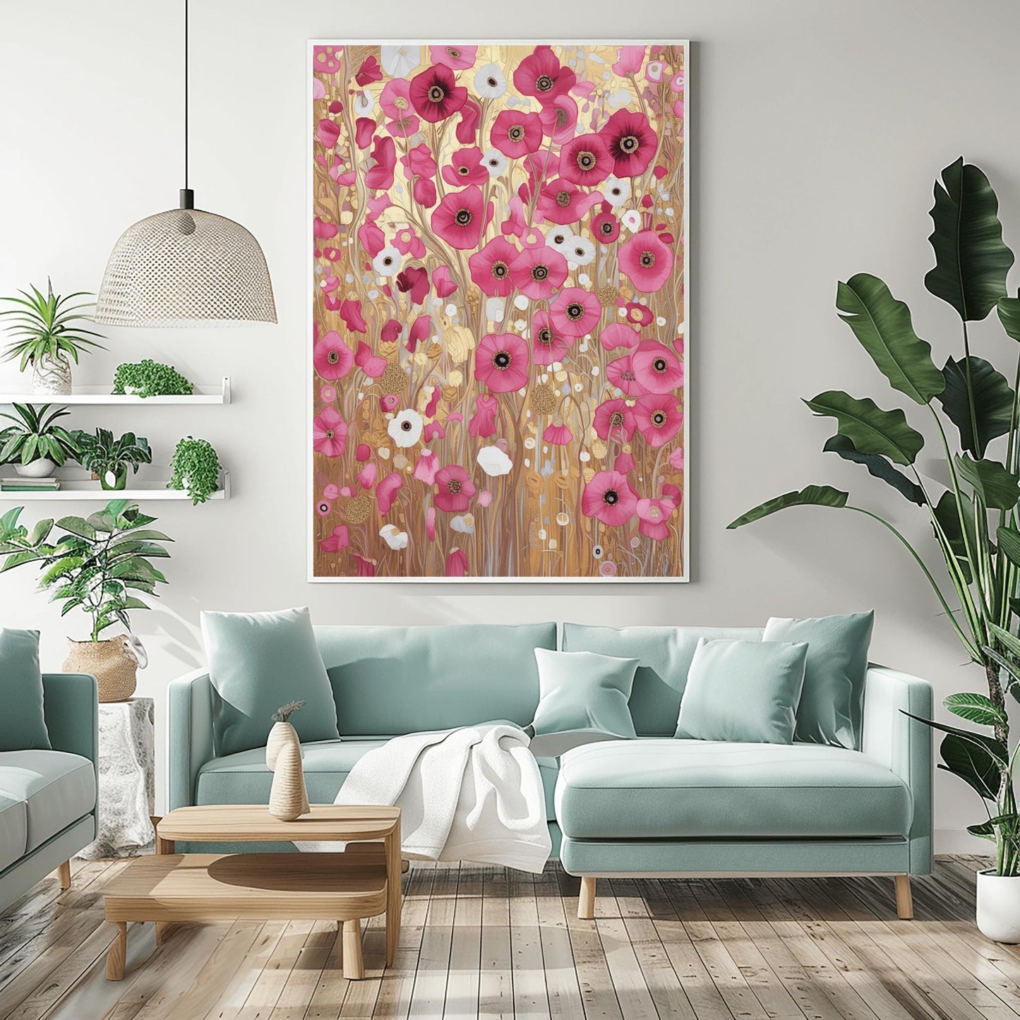 A vertical fine art print in the style of Gustav Klimt. A dense field of vibrant pink and soft white poppies grows against a shimmering, ornate gold leaf background. The scene is filled with golden spirals, geometric patterns, and delicate stems, creating a rich, mosaic-like floral tapestry.