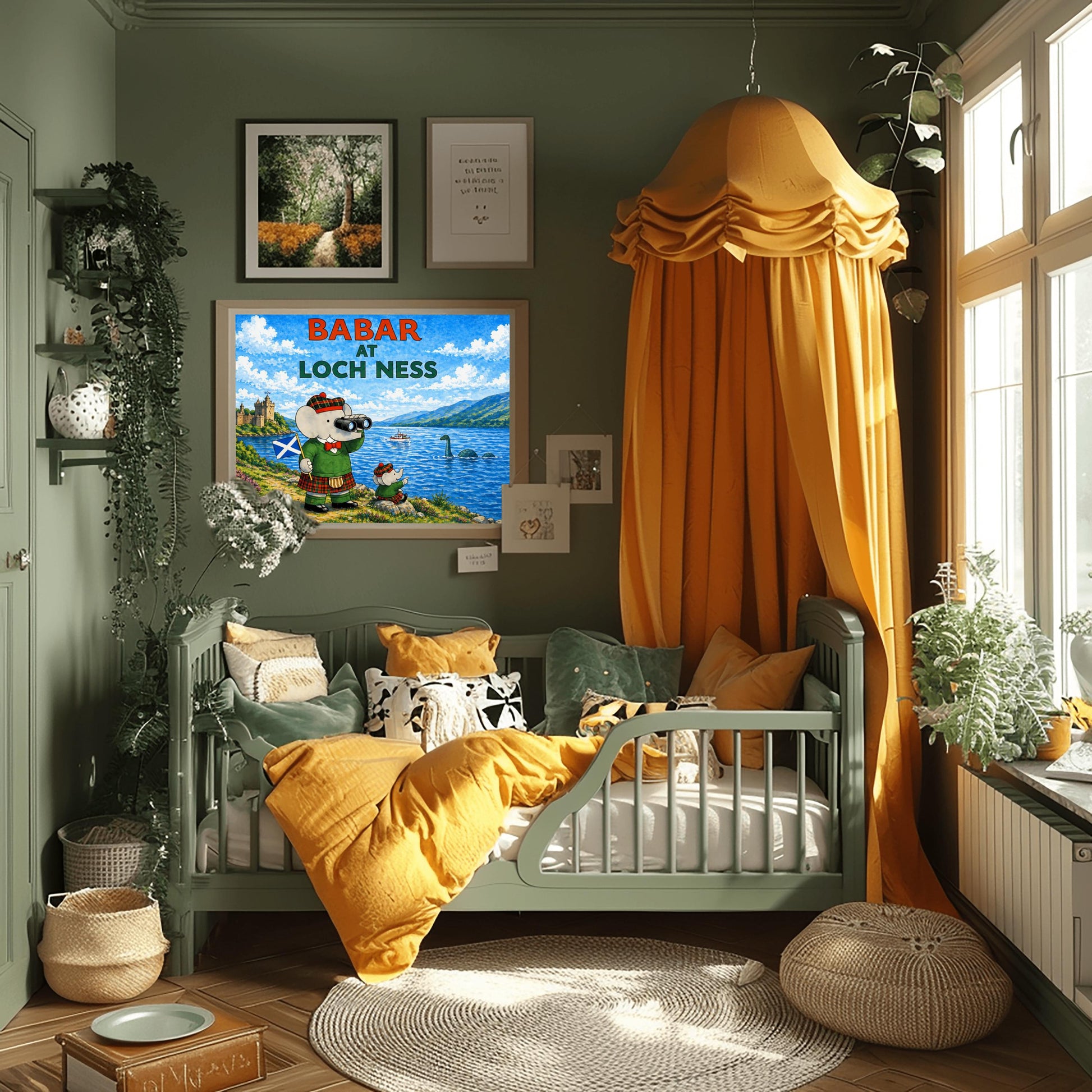 A horizontal watercolor-style illustration of Babar the Elephant in Scotland. Babar is on the left, wearing a green jacket and a red and green plaid kilt and hat. He holds a Scottish flag and looks through binoculars at Loch Ness. A smaller elephant in matching tartan sits on a rock nearby, pointing at a green long-necked sea monster in the water. In the background, a castle sits on a grassy hill to the left, and blue mountains rise behind the lake under a cloudy sky.
