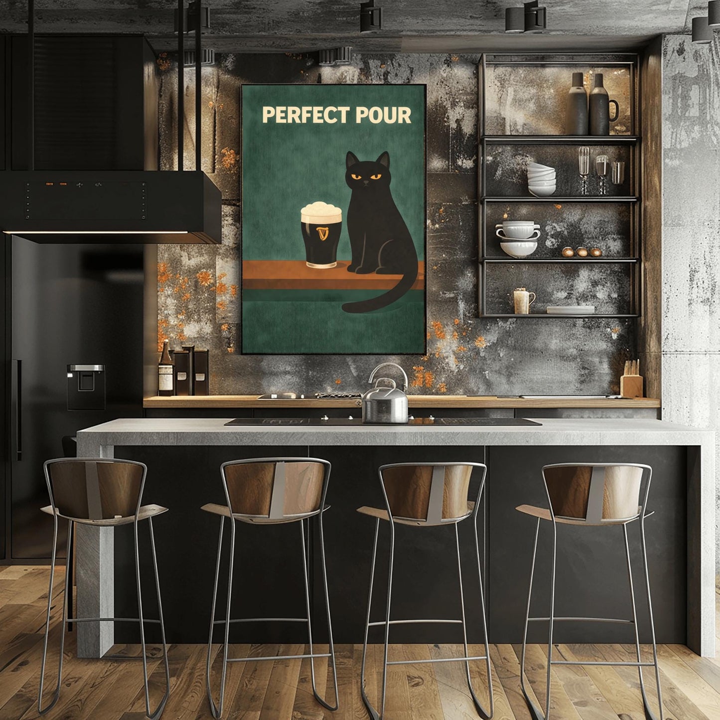 A vertical modern illustration of a sleek black cat with yellow eyes sitting on a wooden bar ledge next to a pint of Guinness. The text "PERFECT POUR" is written in bold cream letters at the top. The background is a dark, textured teal-green.