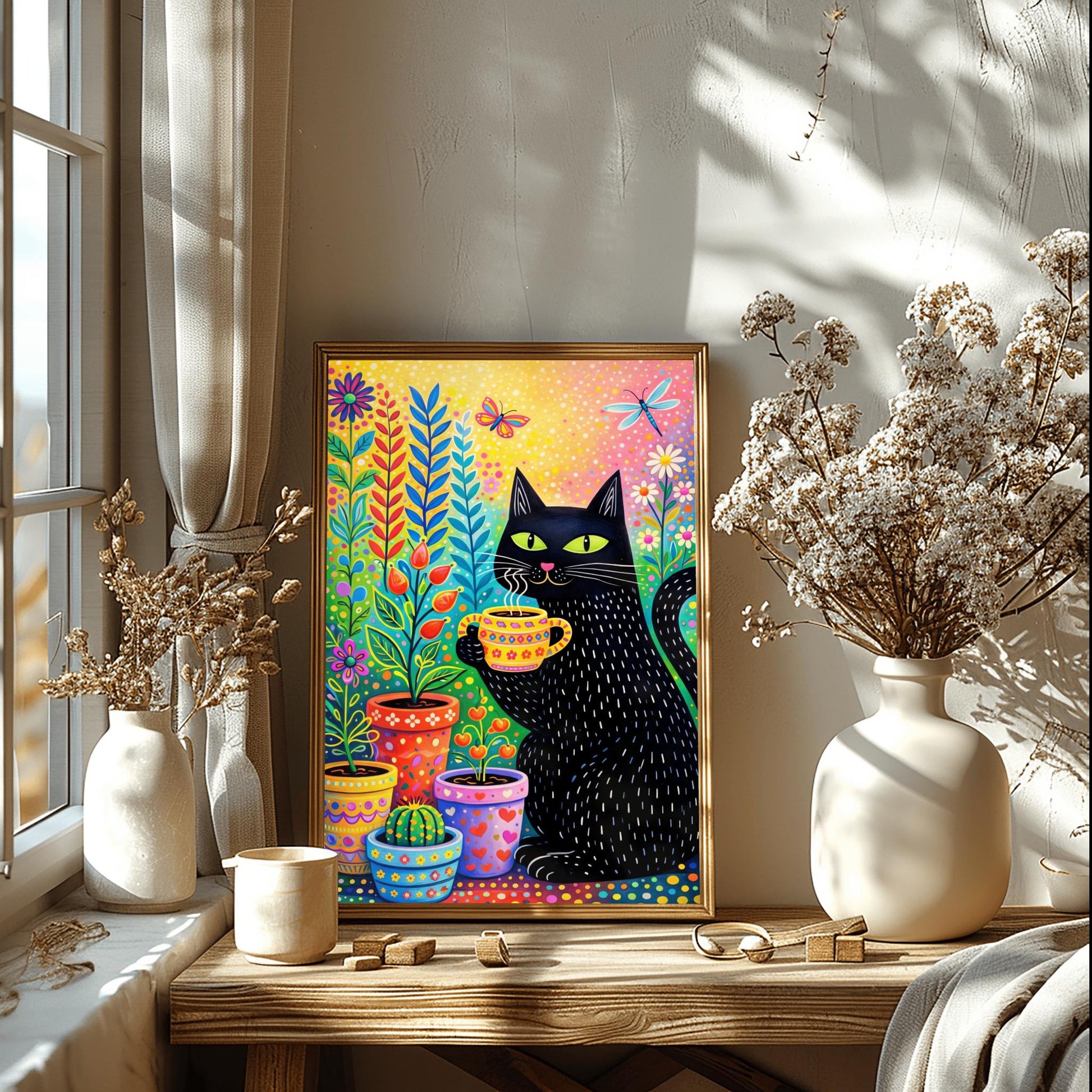 A vertical, colorful folk-art illustration of a black cat with green eyes holding a steaming yellow patterned mug. The cat has small white dashed lines for fur and is sitting next to several decorated flower pots containing a cactus and various colorful plants. A butterfly and a dragonfly fly in the upper portion of the image. The background is a bright, speckled gradient of yellow, pink, and orange.