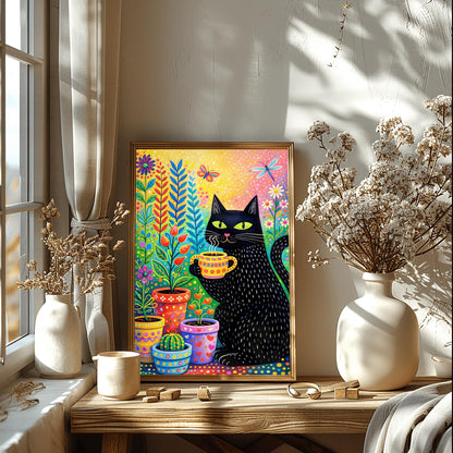 A vertical, colorful folk-art illustration of a black cat with green eyes holding a steaming yellow patterned mug. The cat has small white dashed lines for fur and is sitting next to several decorated flower pots containing a cactus and various colorful plants. A butterfly and a dragonfly fly in the upper portion of the image. The background is a bright, speckled gradient of yellow, pink, and orange.