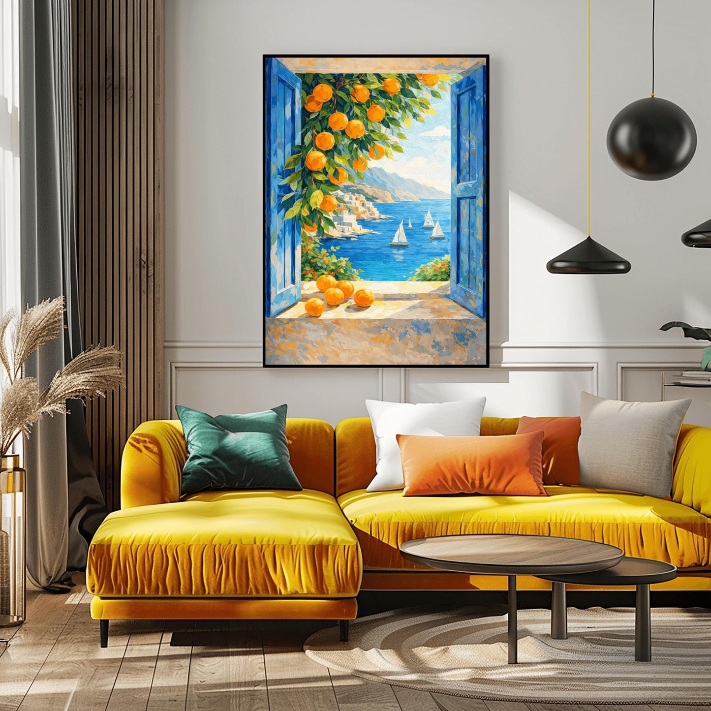 A vertical painterly illustration of a view through an open window with blue shutters. A branch with many bright oranges hangs in the top left. Outside, white sailboats float on a deep blue sea next to a white hillside village and mountains.