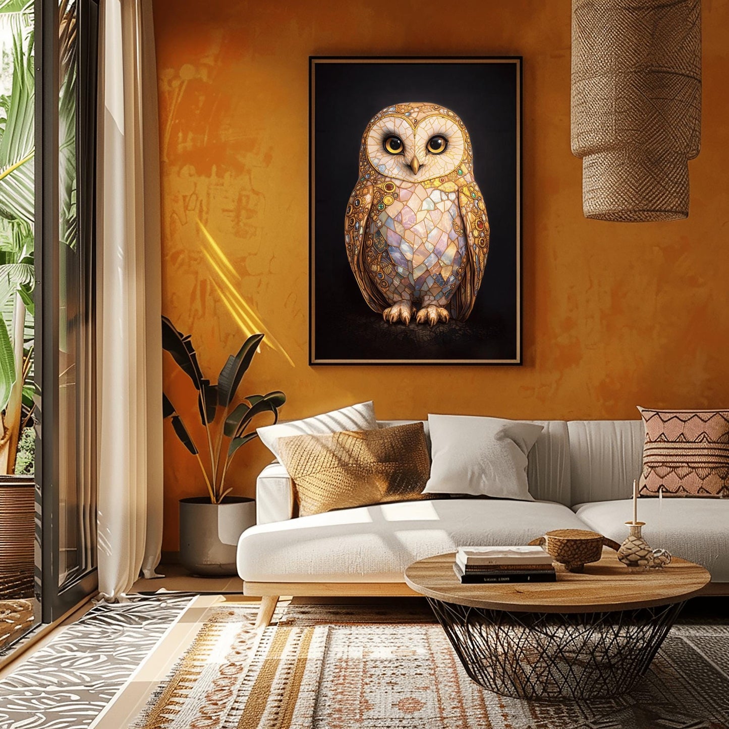 A vertical full-bleed illustration of a barn owl in the style of Gustav Klimt. The owl's body is a complex mosaic of gold, cream, and iridescent pastel tiles with small colorful gemstones embedded in the wings. It has large dark eyes and stands against a solid black background.