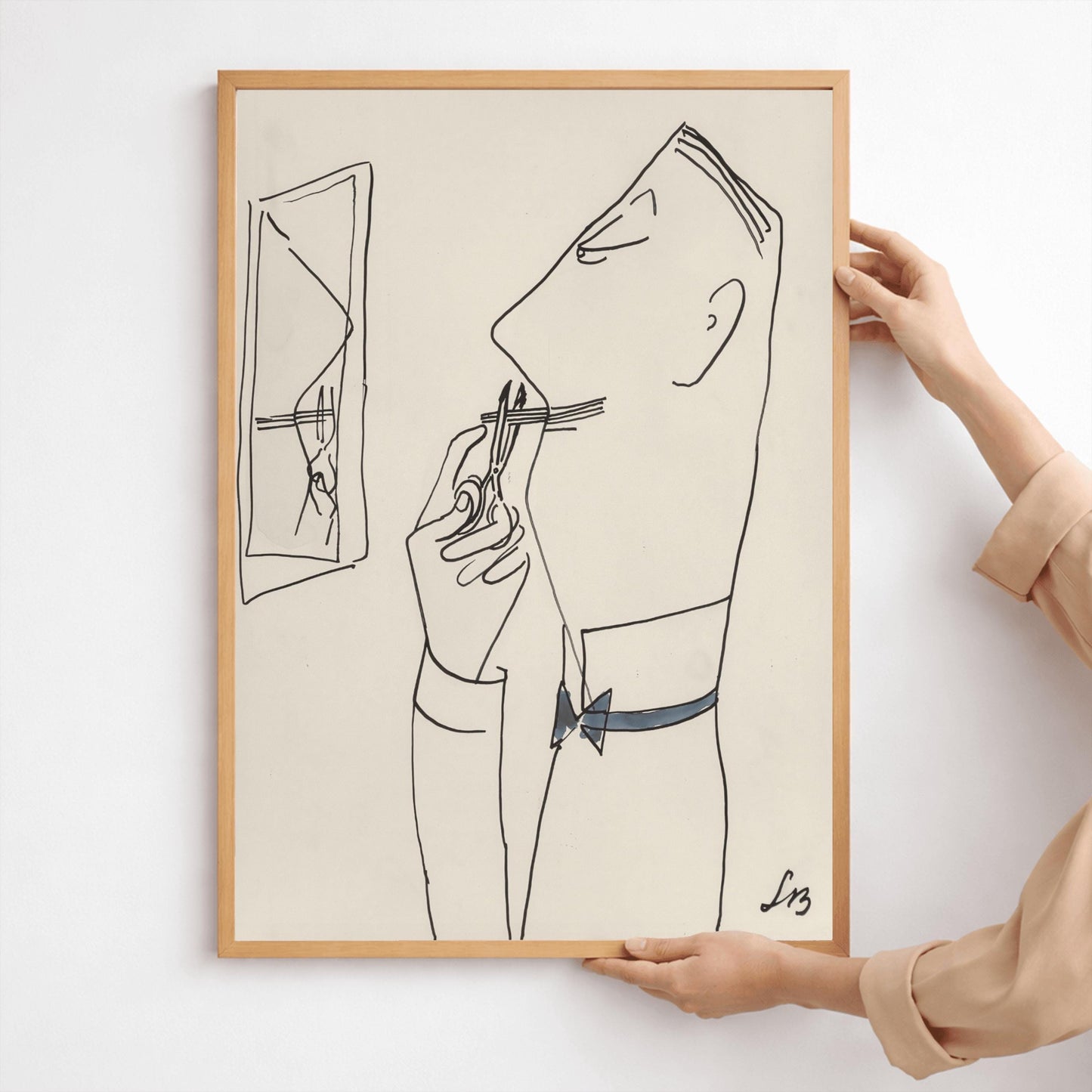 A vertical fine line ink sketch by Ludwig Bemelmans of a man trimming his mustache. Shown in a sharp right-facing profile, the man has a high collar, slicked back hair, and uses small scissors on his mustache. A small rectangular mirror on the left shows a partial reflection of his hand and scissors. His bow tie is filled with a soft slate blue watercolor wash. Initialed "LB" in the bottom right corner.