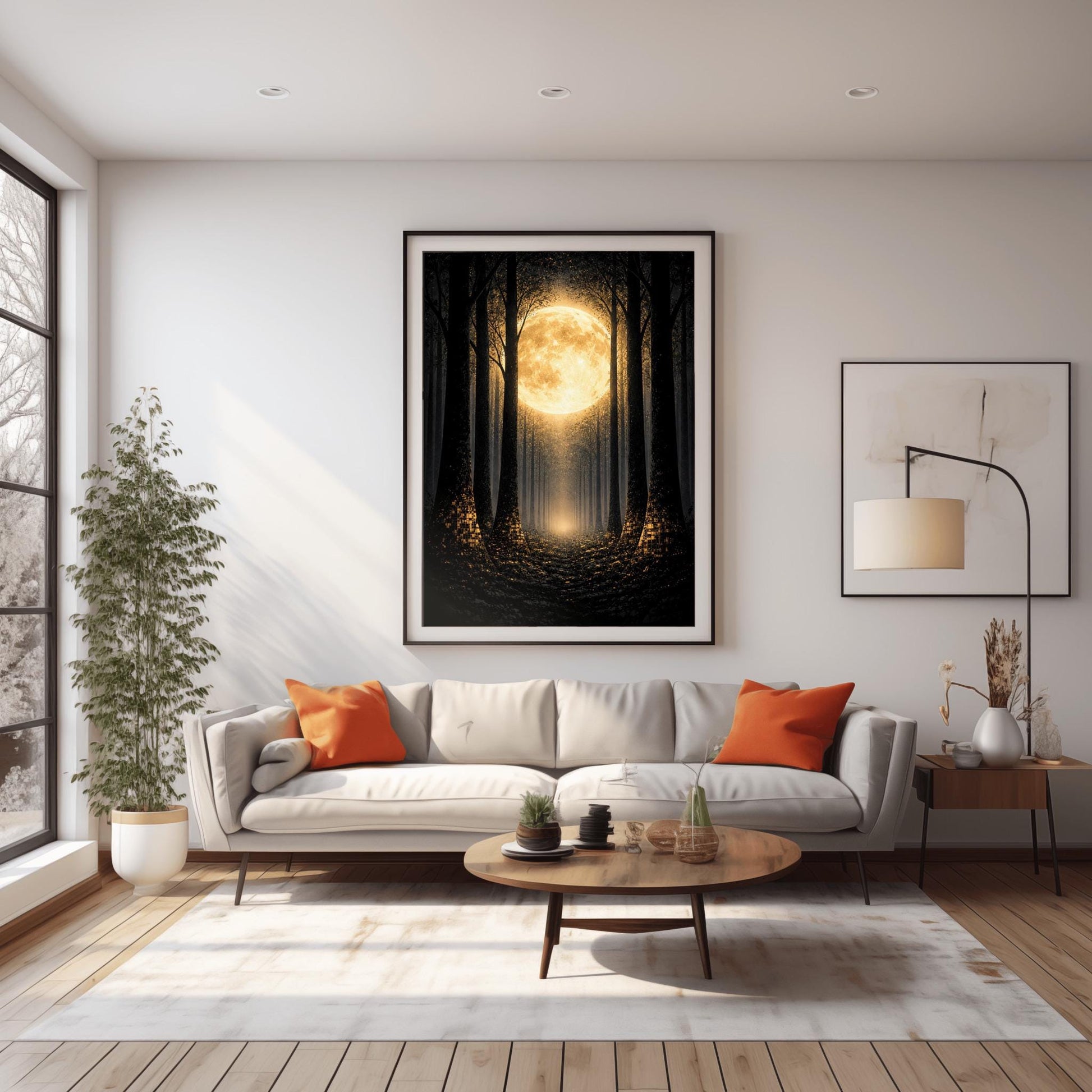 A vertical art print in the style of Gustav Klimt showing a dark forest at night. Tall, dark, silhouetted tree trunks frame a central path that leads toward a bright light in the distance. A massive, glowing golden moon with intricate textures dominates the upper center of the image. The base of the trees and the forest floor are sprinkled with shimmering gold mosaic patterns and light specks, contrasting sharply against the dark background.