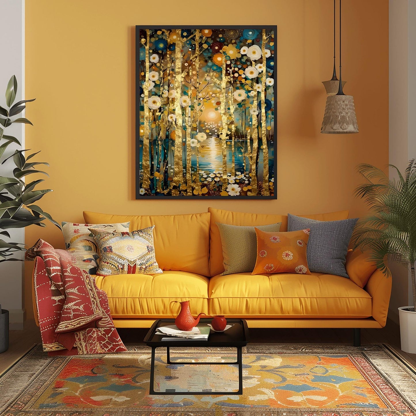 A vertical landscape painting in the style of Gustav Klimt. Slender birch tree trunks with gold-leaf textures stand in a dense forest. The ground is covered in stylized, mosaic-like circular flowers in cream, gold, and teal. In the background, a glowing sun reflects on a dark blue lake. The overall style is rich in texture with heavy impasto brushstrokes and a deep, opulent color palette.