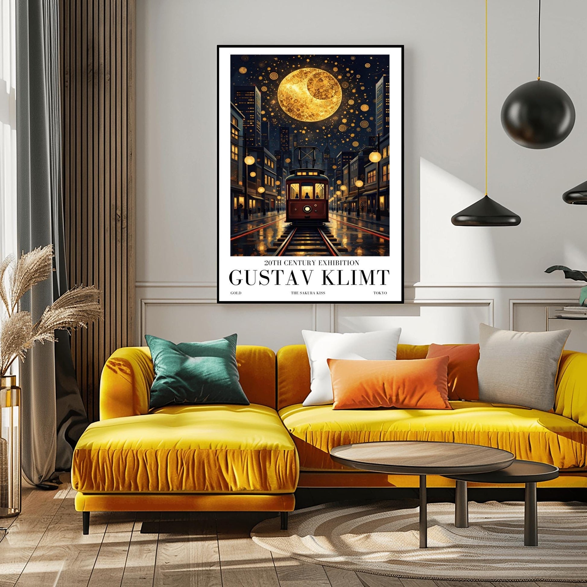 A vertical museum exhibition poster in the style of Gustav Klimt. A vintage-style red and brown streetcar sits on tracks in a Tokyo street at night, flanked by modern buildings. A massive golden moon with mosaic patterns fills the top of a dark sky crowded with golden spirals. Bold black text at the bottom reads "GUSTAV KLIMT" and "THE SAKURA KISS."