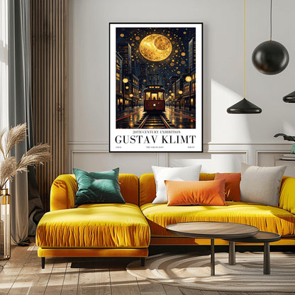 A vertical museum exhibition poster in the style of Gustav Klimt. A vintage-style red and brown streetcar sits on tracks in a Tokyo street at night, flanked by modern buildings. A massive golden moon with mosaic patterns fills the top of a dark sky crowded with golden spirals. Bold black text at the bottom reads "GUSTAV KLIMT" and "THE SAKURA KISS."