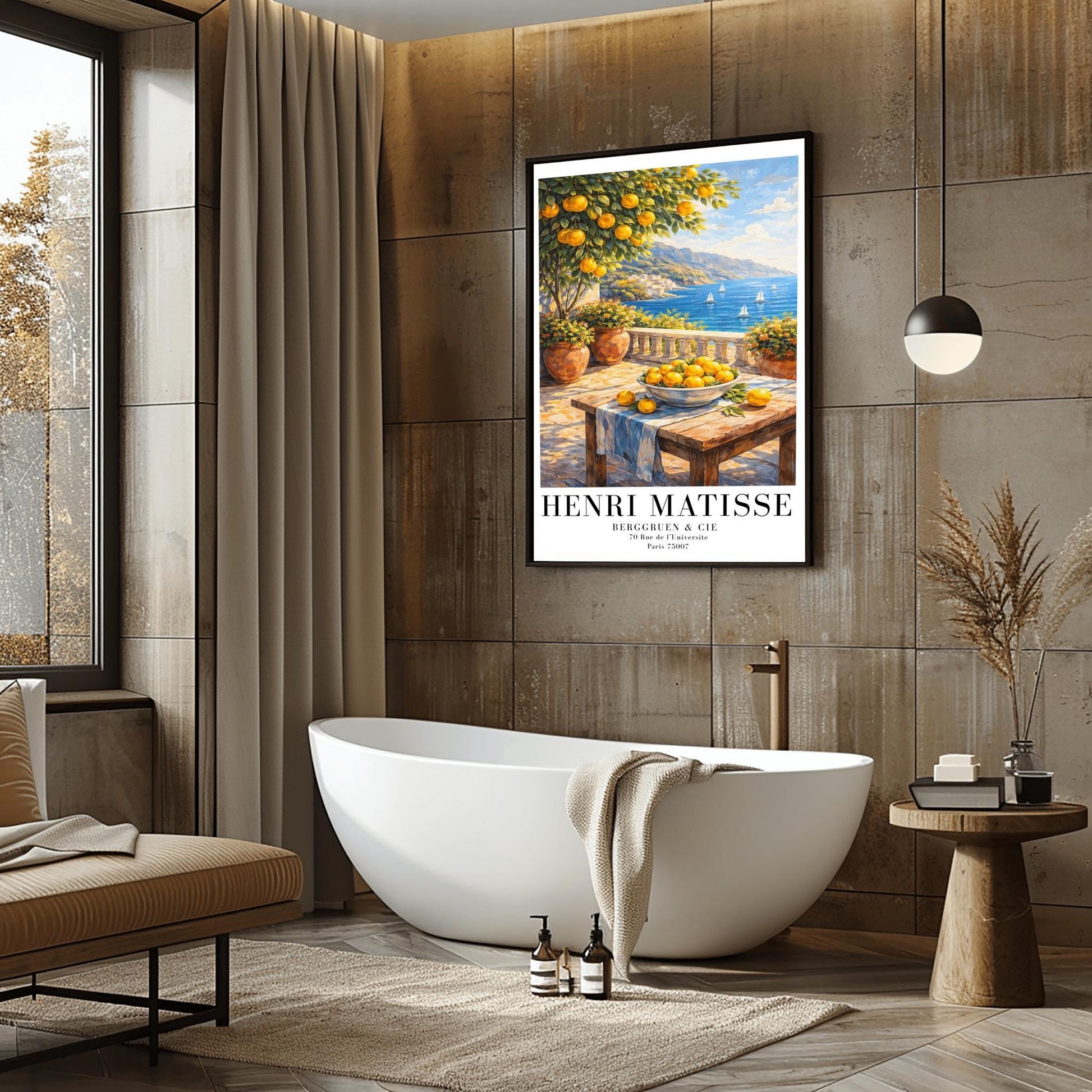 A vertical painterly illustration of a stone terrace overlooking a blue sea with sailboats. In the foreground, a wooden table holds a bowl of oranges and lemons. A citrus tree and flower-filled terracotta pots frame the view. Distant white-washed buildings sit on a coastline under a blue sky.