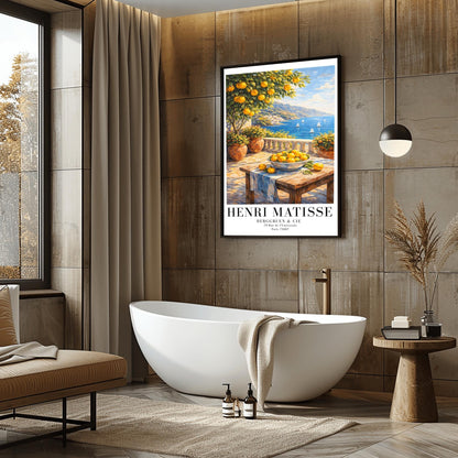 A vertical painterly illustration of a stone terrace overlooking a blue sea with sailboats. In the foreground, a wooden table holds a bowl of oranges and lemons. A citrus tree and flower-filled terracotta pots frame the view. Distant white-washed buildings sit on a coastline under a blue sky.