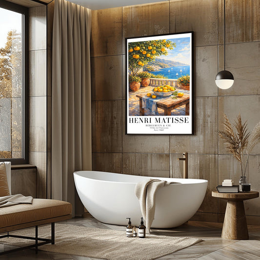 A vertical painterly illustration of a stone terrace overlooking a blue sea with sailboats. In the foreground, a wooden table holds a bowl of oranges and lemons. A citrus tree and flower-filled terracotta pots frame the view. Distant white-washed buildings sit on a coastline under a blue sky.