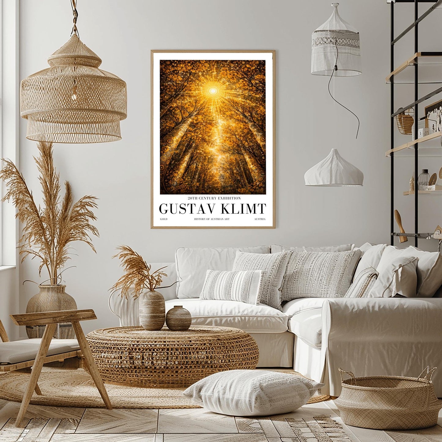 A vertical exhibition poster for Gustav Klimt featuring a view looking up through golden trees toward a radiant sunburst. The trees have intricate mosaic patterns on the bark. Below the artwork, bold black text reads "GUSTAV KLIMT" and "20th Century Exhibition."
