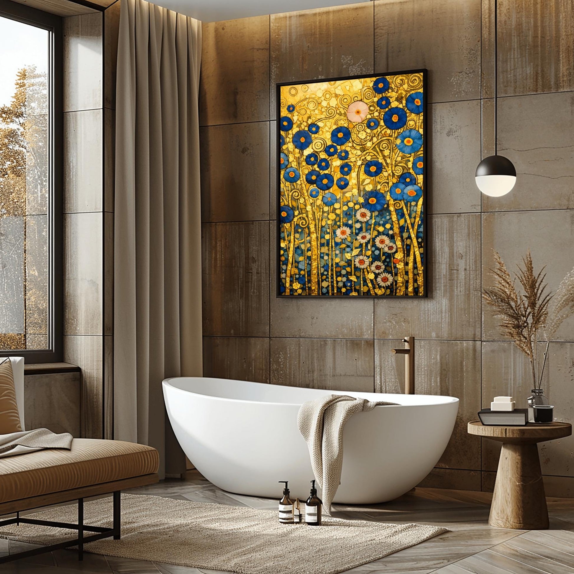 A vertical fine art landscape in the style of Gustav Klimt. A dense cluster of deep blue flowers with gold centers and white daisies grows against a textured gold leaf background filled with spirals and geometric patterns. The stems are slender and golden, creating a rich, mosaic-like botanical tapestry.