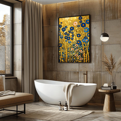 A vertical fine art landscape in the style of Gustav Klimt. A dense cluster of deep blue flowers with gold centers and white daisies grows against a textured gold leaf background filled with spirals and geometric patterns. The stems are slender and golden, creating a rich, mosaic-like botanical tapestry.