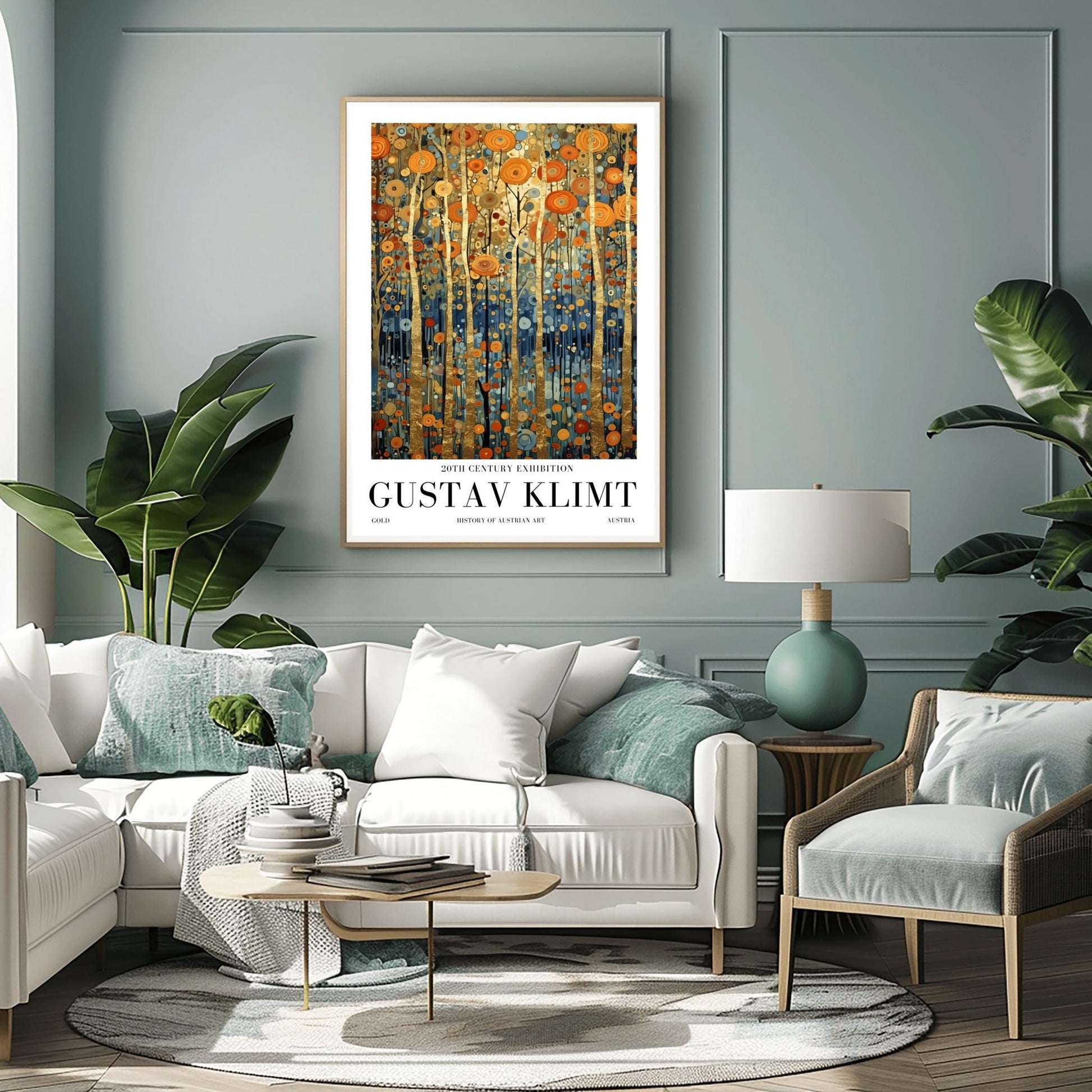 A vertical museum exhibition poster in the style of Gustav Klimt. Tall, slender tree trunks made of brilliant gold leaf stand against a background of orange, gold, and blue mosaic-style leaves. The bottom of the image is a deep indigo blue. Bold black text at the bottom reads "GUSTAV KLIMT" and "HISTORY OF AUSTRIAN ART."