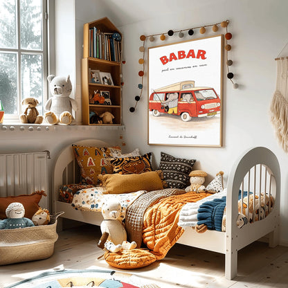 A vertical art print titled "BABAR part en vacances en van" in large red letters. A retro red and cream camper van is filled with grey elephants. One elephant in a striped shirt holds a fishing rod out the side door, and another sits in the driver's seat. The van has a "BABAR" license plate and a gold crown symbol on the grill. The artist's name, "Laurent de Brunhoff," is at the bottom of the cream-colored, textured background.