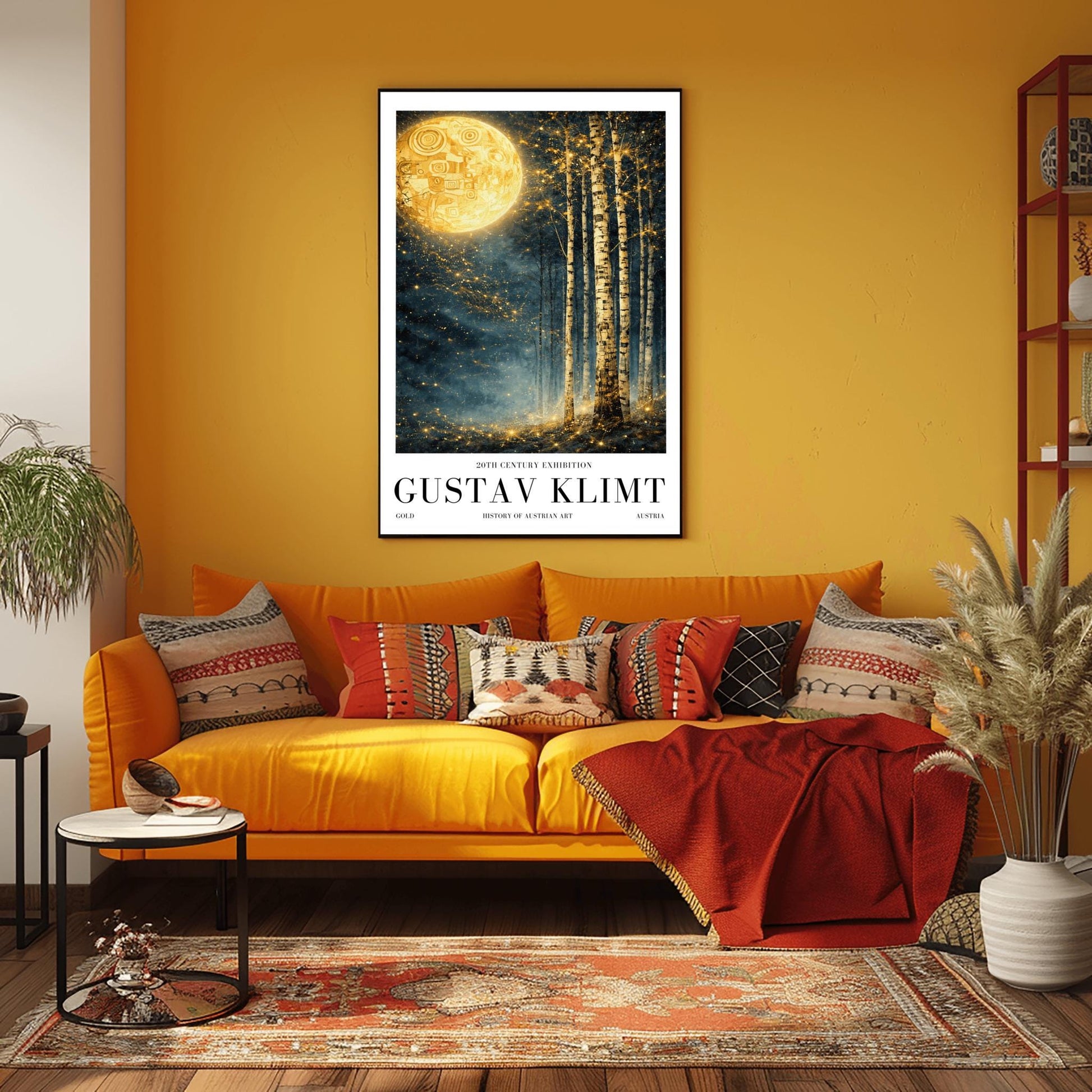 A vertical Art Nouveau illustration in the style of Gustav Klimt. A large, patterned golden moon sits in the upper left corner of a dark, misty teal forest. Slender birch trees stand on the right, while a swirl of golden stardust flows across the center.