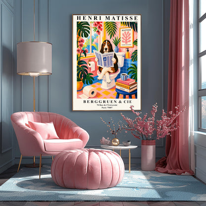 A vertical maximalist art print designed as a Henri Matisse exhibition poster. A brown, black, and white Basset Hound is sitting on a white toilet with its legs crossed, holding and reading a newspaper titled "Le Journal." The bathroom is vibrantly colored with pink walls, blue wall tiles, and a pink and yellow checkered floor. The room is filled with large green tropical plants and red flowers. A stack of art books and a striped mug sit on a blue stool.