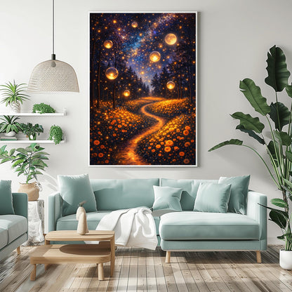 A vertical fine art print in the style of Gustav Klimt. Several large, glowing golden orbs float in a dark forest above a meadow of orange wildflowers. A winding path of golden light leads into the trees. The night sky is filled with a brilliant Milky Way and a large, glowing full moon.