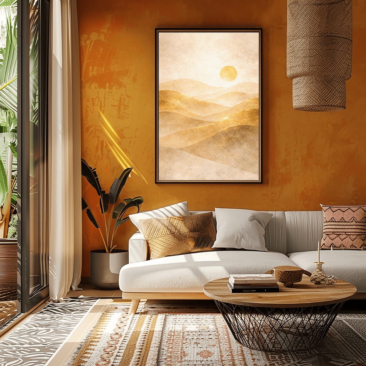 A vertical minimalist landscape in Art Nouveau style. Rolling desert dunes in shades of beige and tan are highlighted with shimmering golden dust on their ridges. A circular golden sun hangs in a hazy, textured cream sky.