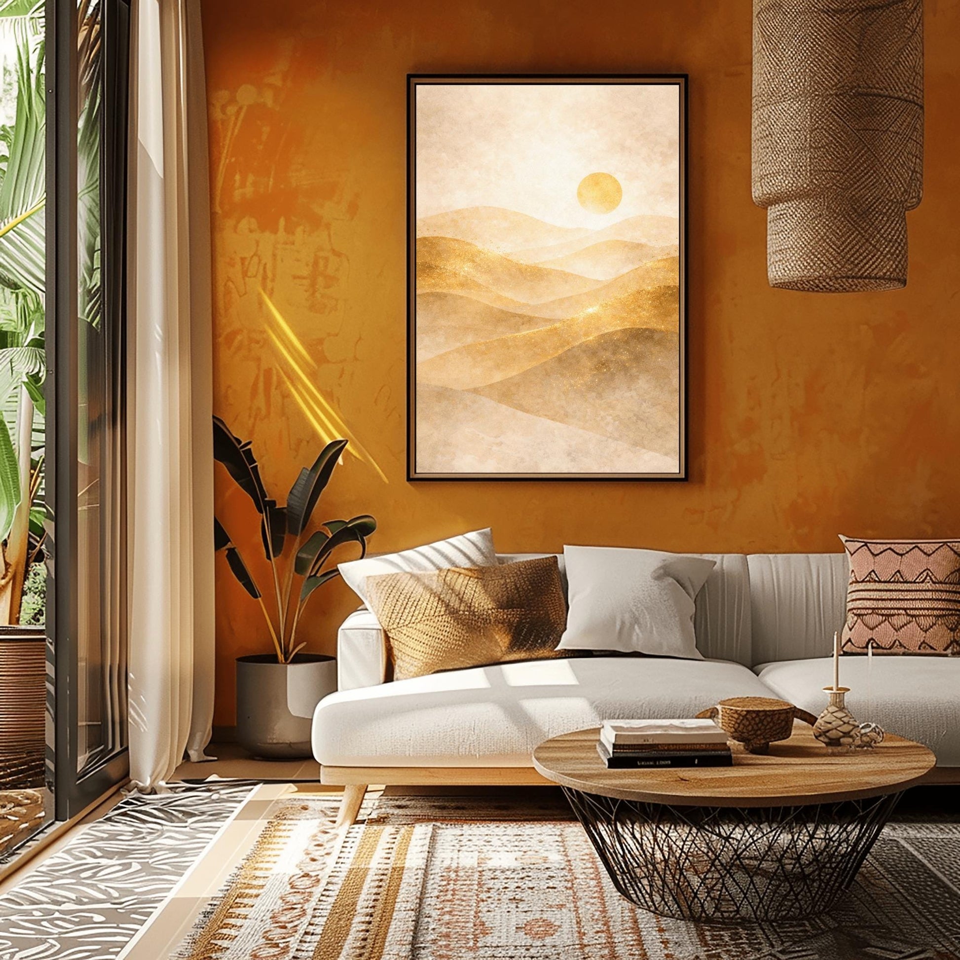A vertical minimalist landscape in Art Nouveau style. Rolling desert dunes in shades of beige and tan are highlighted with shimmering golden dust on their ridges. A circular golden sun hangs in a hazy, textured cream sky.