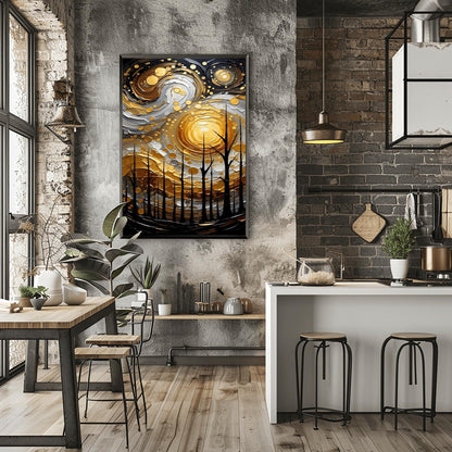 A vertical abstract painting in the style of Gustav Klimt. A group of black, silhouetted tree trunks stand in the foreground against a massive, swirling sun composed of concentric rings of gold, silver, and cream. The background is a dark, moody grey. The style features heavy, thick paint textures and metallic-looking circular accents scattered throughout.