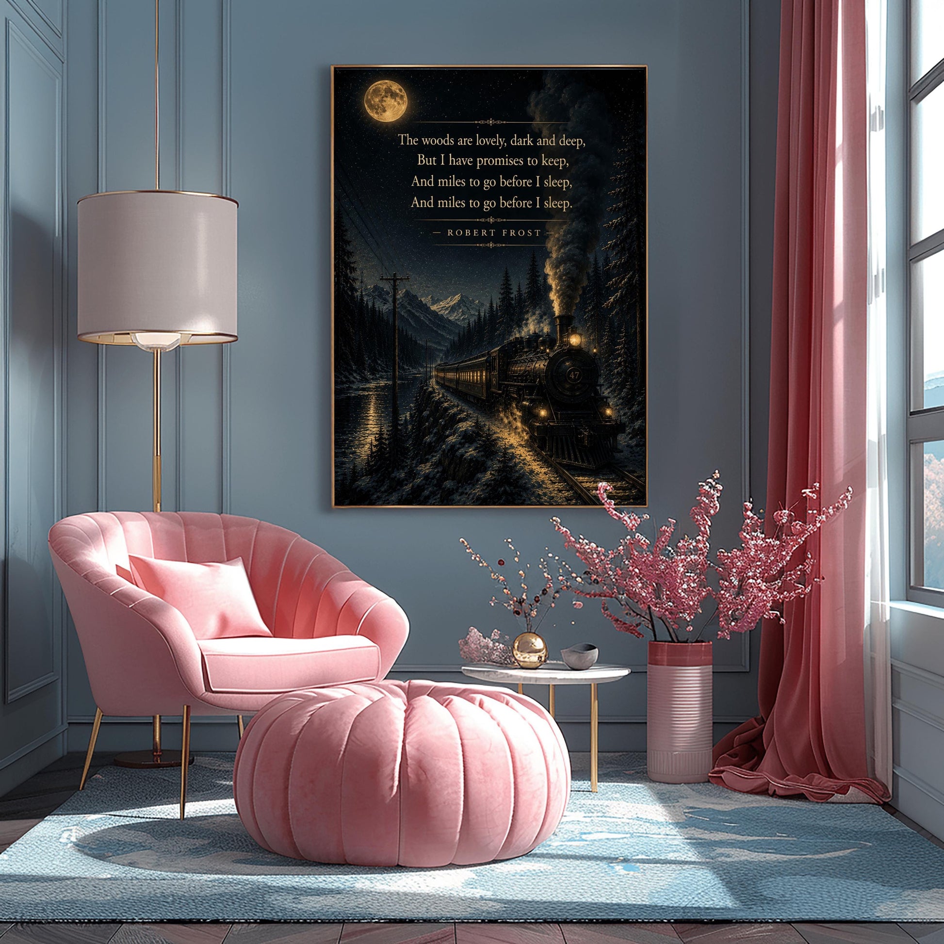 A vertical art print showing a vintage steam locomotive traveling on a snowy track at night. The train, with glowing windows and smoke billowing from its stack, moves along a lakeside beneath high mountains. A large full moon and stars light the sky, creating a reflection on the water. The final lines of Robert Frost’s "Stopping by Woods on a Snowy Evening" are printed in gold in the upper portion of the image.