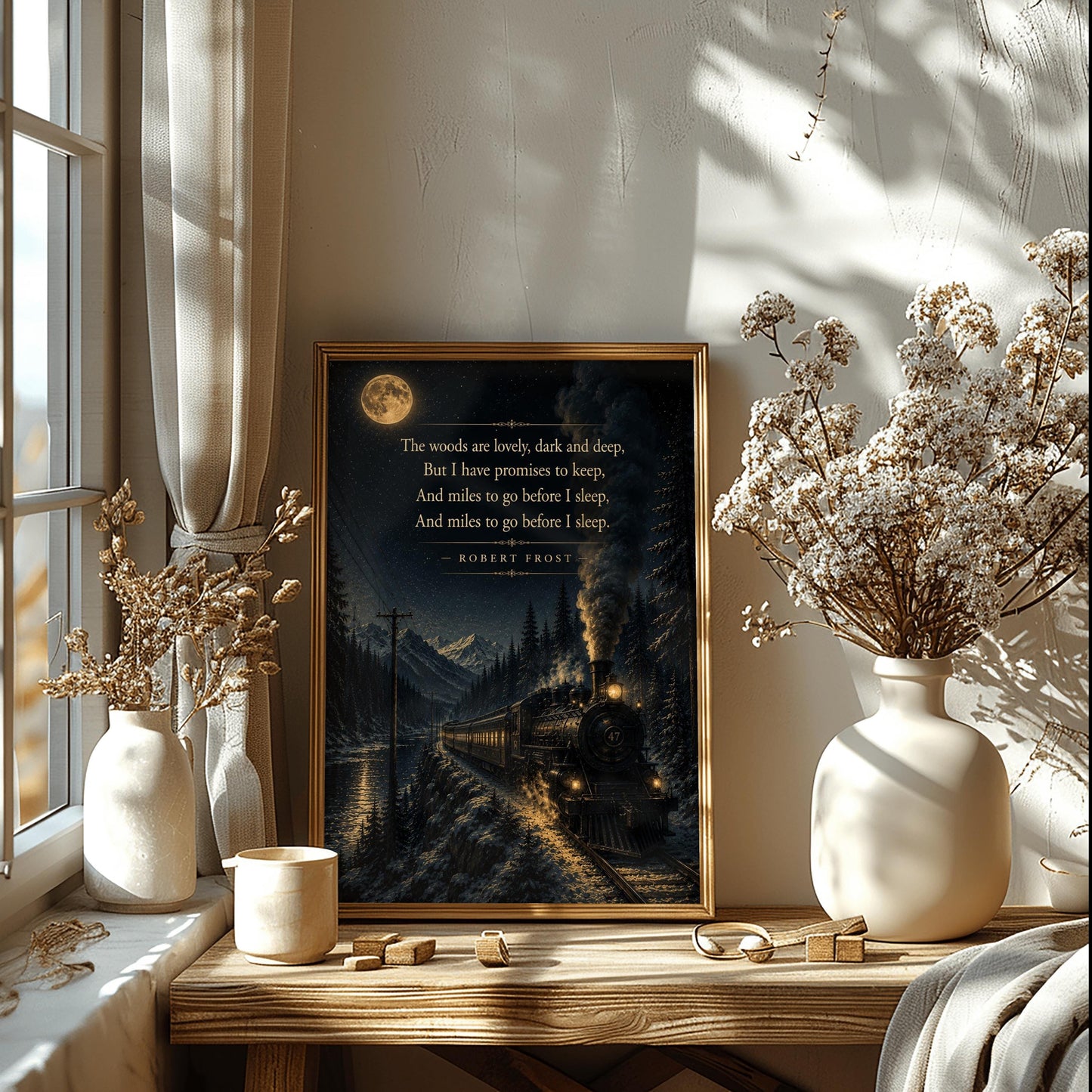 A vertical art print showing a vintage steam locomotive traveling on a snowy track at night. The train, with glowing windows and smoke billowing from its stack, moves along a lakeside beneath high mountains. A large full moon and stars light the sky, creating a reflection on the water. The final lines of Robert Frost’s "Stopping by Woods on a Snowy Evening" are printed in gold in the upper portion of the image.