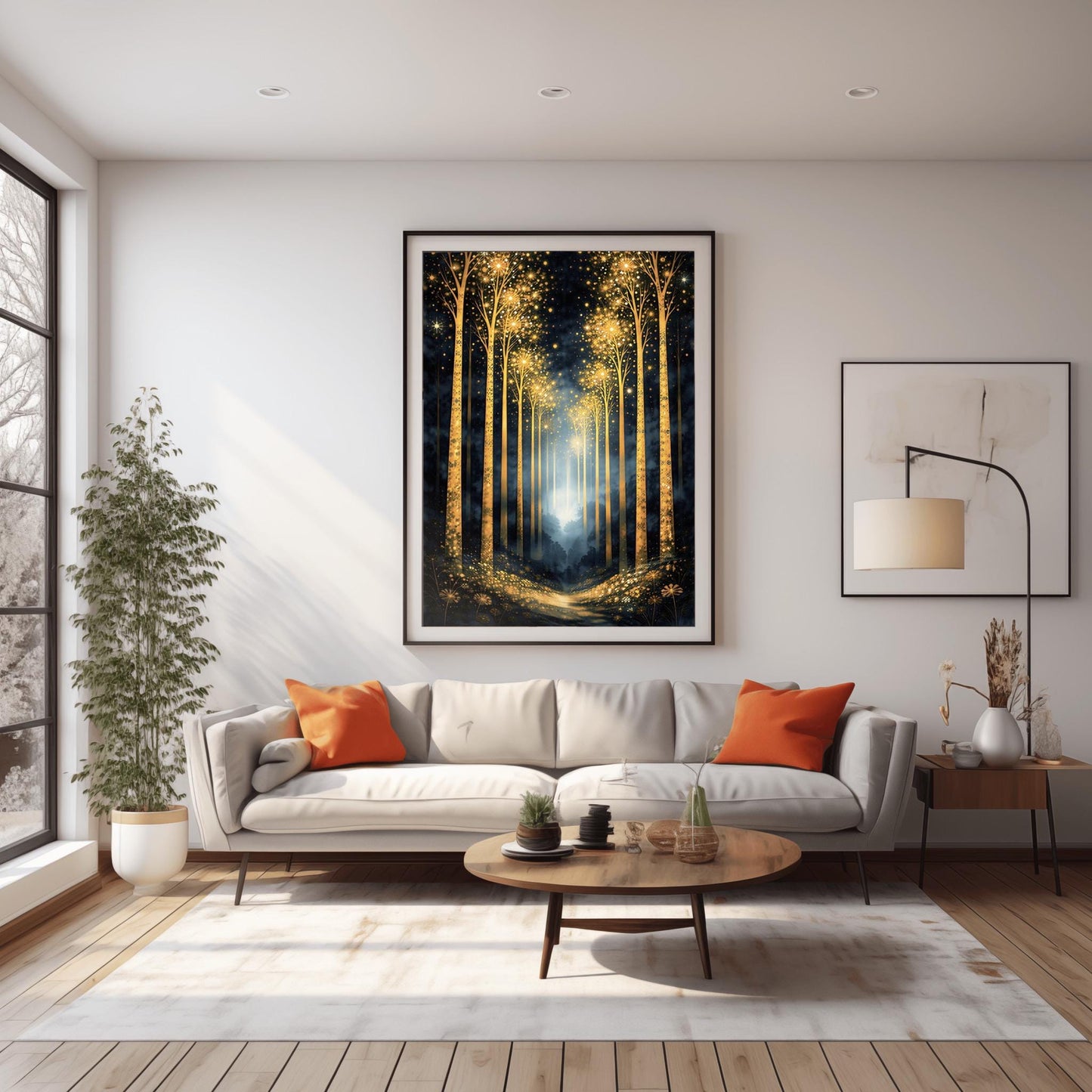 A vertical full-bleed illustration of a birch forest at night in the style of Gustav Klimt. The slender trunks are covered in golden patterns, and the tops of the trees explode into golden sparks and stars. A glowing golden path leads into a misty blue distance.