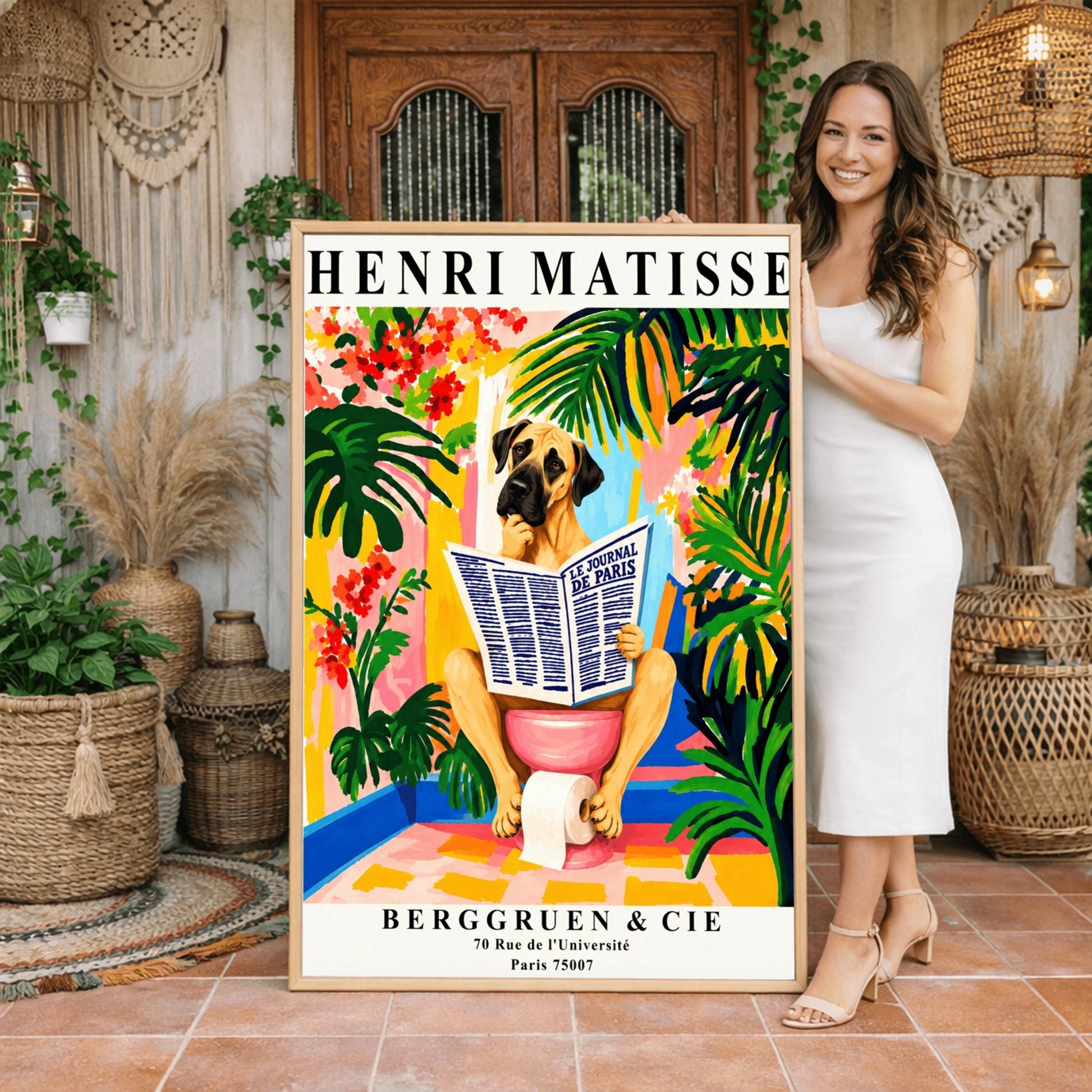 A vertical retro exhibition poster for Henri Matisse set on a wide cream border. The central image shows a colorful, painterly Fauvism illustration of a large Great Dane dog sitting on a pink toilet. The dog has its paw on its chin, thoughtfully reading a large newspaper titled "LE JOURNAL DE PARIS". The background is a vibrant bathroom filled with oversized green monstera leaves, tropical plants, yellow and pink walls, and red flowers.