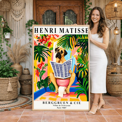 A vertical retro exhibition poster for Henri Matisse set on a wide cream border. The central image shows a colorful, painterly Fauvism illustration of a large Great Dane dog sitting on a pink toilet. The dog has its paw on its chin, thoughtfully reading a large newspaper titled "LE JOURNAL DE PARIS". The background is a vibrant bathroom filled with oversized green monstera leaves, tropical plants, yellow and pink walls, and red flowers.
