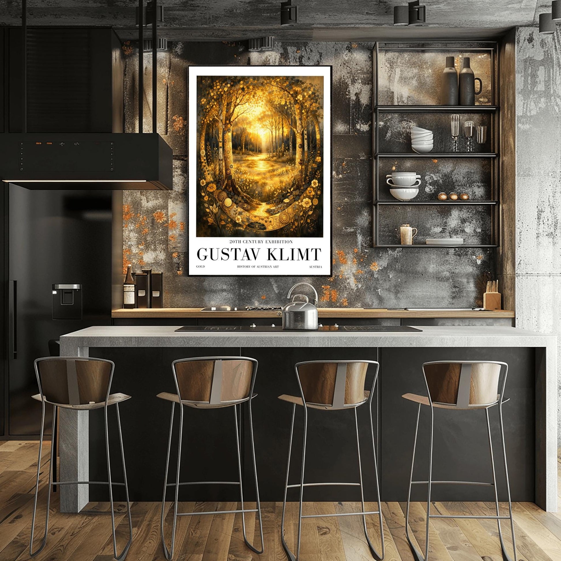 A vertical exhibition poster for Gustav Klimt featuring a golden forest. Two highly decorative trees with mosaic patterns frame a sunlit glade. A golden stream flows toward the viewer through shimmering flowers. Text at the bottom reads "Gustav Klimt, 20th Century Exhibition."