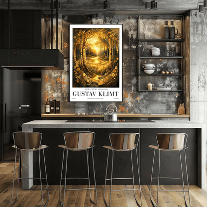 A vertical exhibition poster for Gustav Klimt featuring a golden forest. Two highly decorative trees with mosaic patterns frame a sunlit glade. A golden stream flows toward the viewer through shimmering flowers. Text at the bottom reads "Gustav Klimt, 20th Century Exhibition."