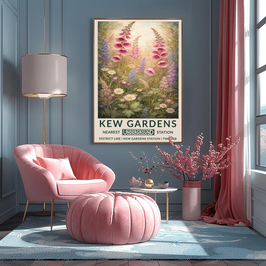A vertical vintage travel poster for Kew Gardens featuring a soft, painterly meadow of wildflowers. Several tall stalks of pink and purple foxgloves lean gracefully across the frame. Below them is a dense cluster of white daisies and smaller purple flowers among green leaves. The background is a soft, hazy yellow light. The bottom features a cream border with bold green text: "KEW GARDENS" and "NEAREST UNDERGROUND STATION" with District Line details.