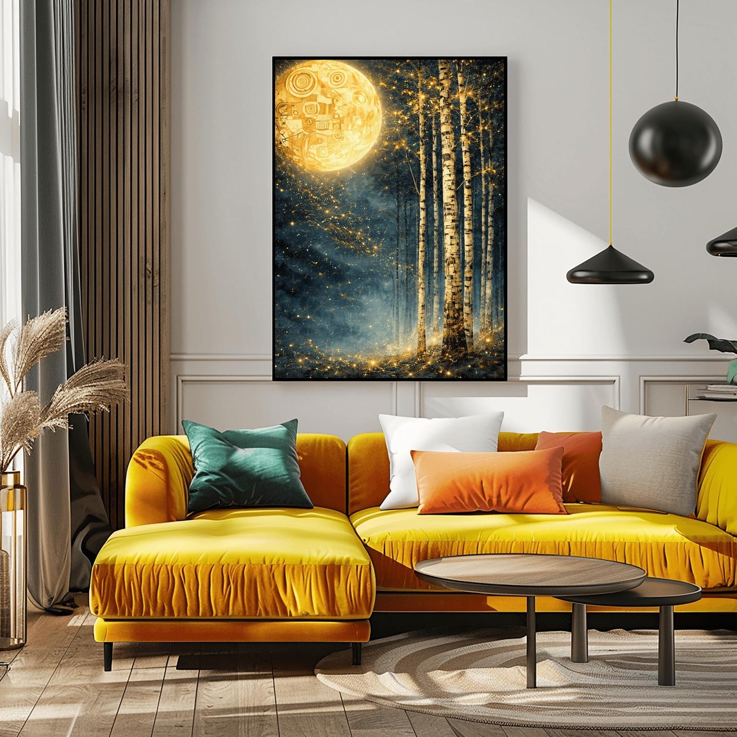 A vertical Art Nouveau illustration in the style of Gustav Klimt. A large, patterned golden moon sits in the upper left corner of a dark, misty teal forest. Slender birch trees stand on the right, while a swirl of golden stardust flows across the center.