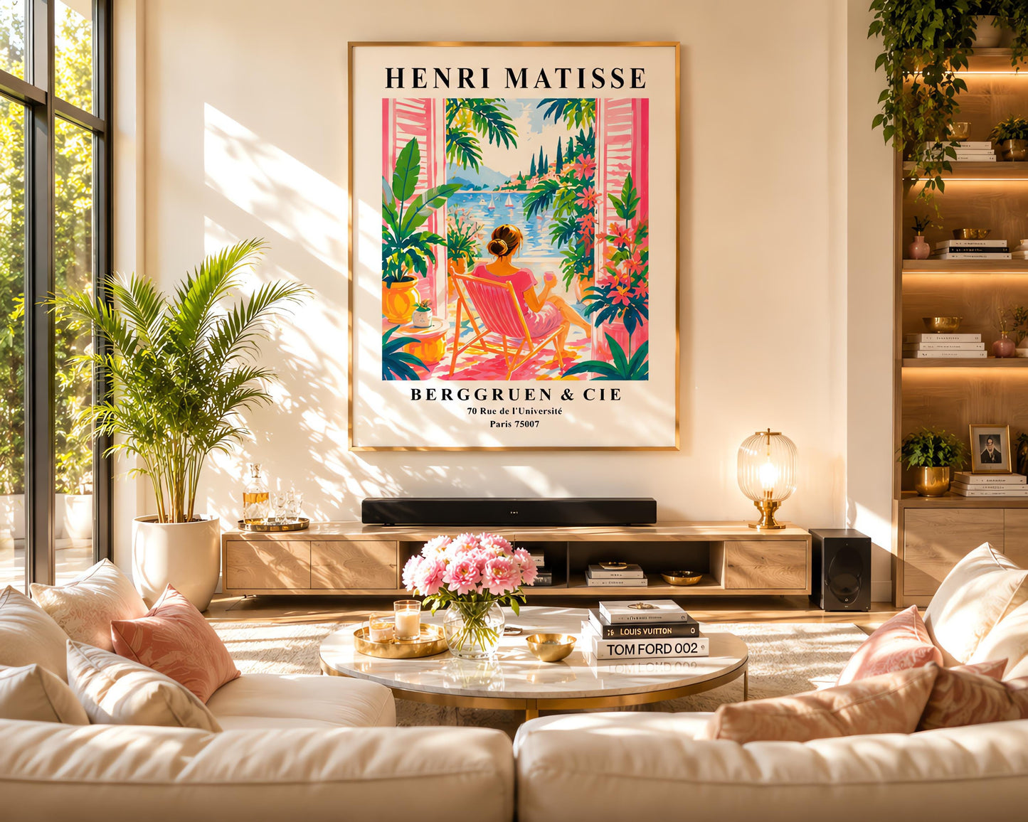 A vertical minimalist fine art exhibition poster in the style of Henri Matisse, featuring a wide white border layout. In the center, a simple black line drawing outlines a woman in a reclining, relaxed pose resting on her side. The illustration is framed by large, flat abstract paper-cut shapes, including a solid terracotta red background block beneath the figure and an organic royal blue coral leaf on the left against a solid white backdrop.