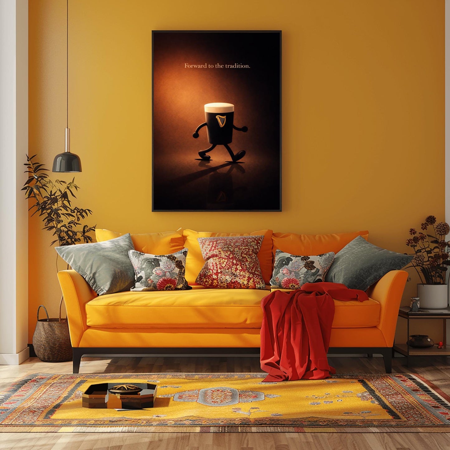A vertical cinematic illustration of a 3D Guinness pint character with cartoon arms and legs, walking across a reflective dark floor. The background is a warm, glowing amber light. At the top, the words "Forward to the tradition." are written in a gold-colored serif font.