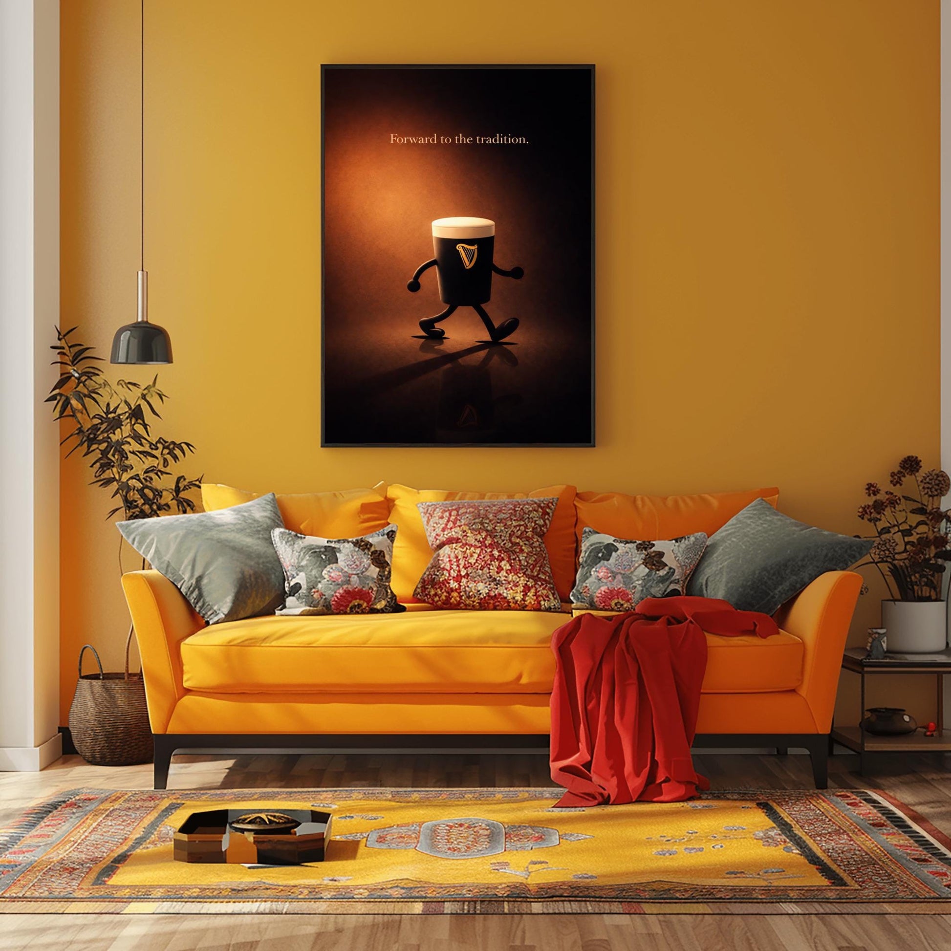 A vertical cinematic illustration of a 3D Guinness pint character with cartoon arms and legs, walking across a reflective dark floor. The background is a warm, glowing amber light. At the top, the words "Forward to the tradition." are written in a gold-colored serif font.