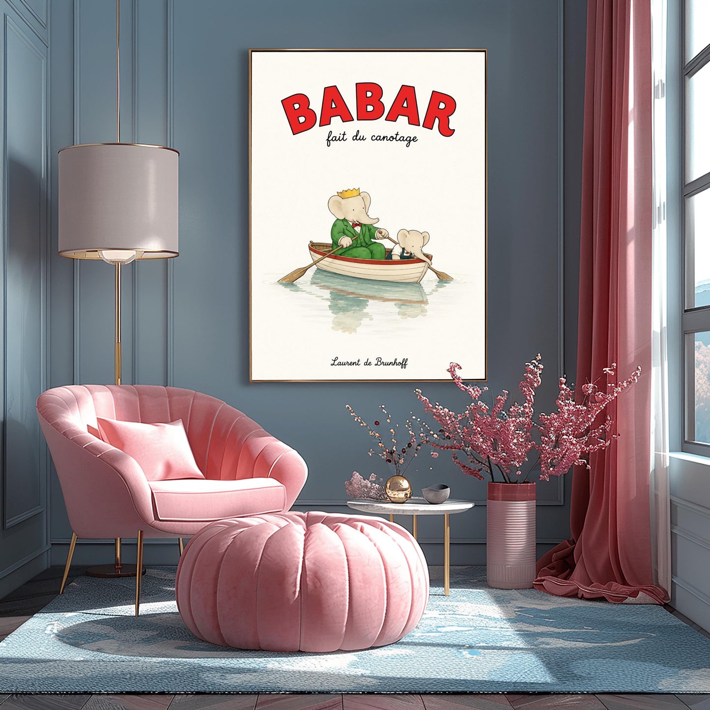 A vertical retro fine art exhibition poster titled "BABAR fait du canotage" on a wide cream border. The top "BABAR" text is printed in a bold red font. The illustration shows an elephant wearing a crown and green suit sitting in a white wooden rowboat with a red rim, holding two oars. A smaller elephant leans over the front of the boat looking at its reflection in the calm water. The name "Laurent de Brunhoff" anchors the bottom.