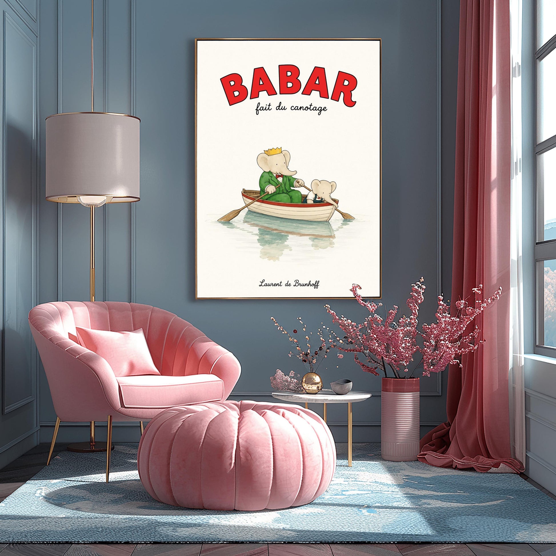 A vertical retro fine art exhibition poster titled "BABAR fait du canotage" on a wide cream border. The top "BABAR" text is printed in a bold red font. The illustration shows an elephant wearing a crown and green suit sitting in a white wooden rowboat with a red rim, holding two oars. A smaller elephant leans over the front of the boat looking at its reflection in the calm water. The name "Laurent de Brunhoff" anchors the bottom.