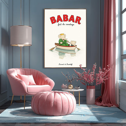 A vertical retro fine art exhibition poster titled "BABAR fait du canotage" on a wide cream border. The top "BABAR" text is printed in a bold red font. The illustration shows an elephant wearing a crown and green suit sitting in a white wooden rowboat with a red rim, holding two oars. A smaller elephant leans over the front of the boat looking at its reflection in the calm water. The name "Laurent de Brunhoff" anchors the bottom.