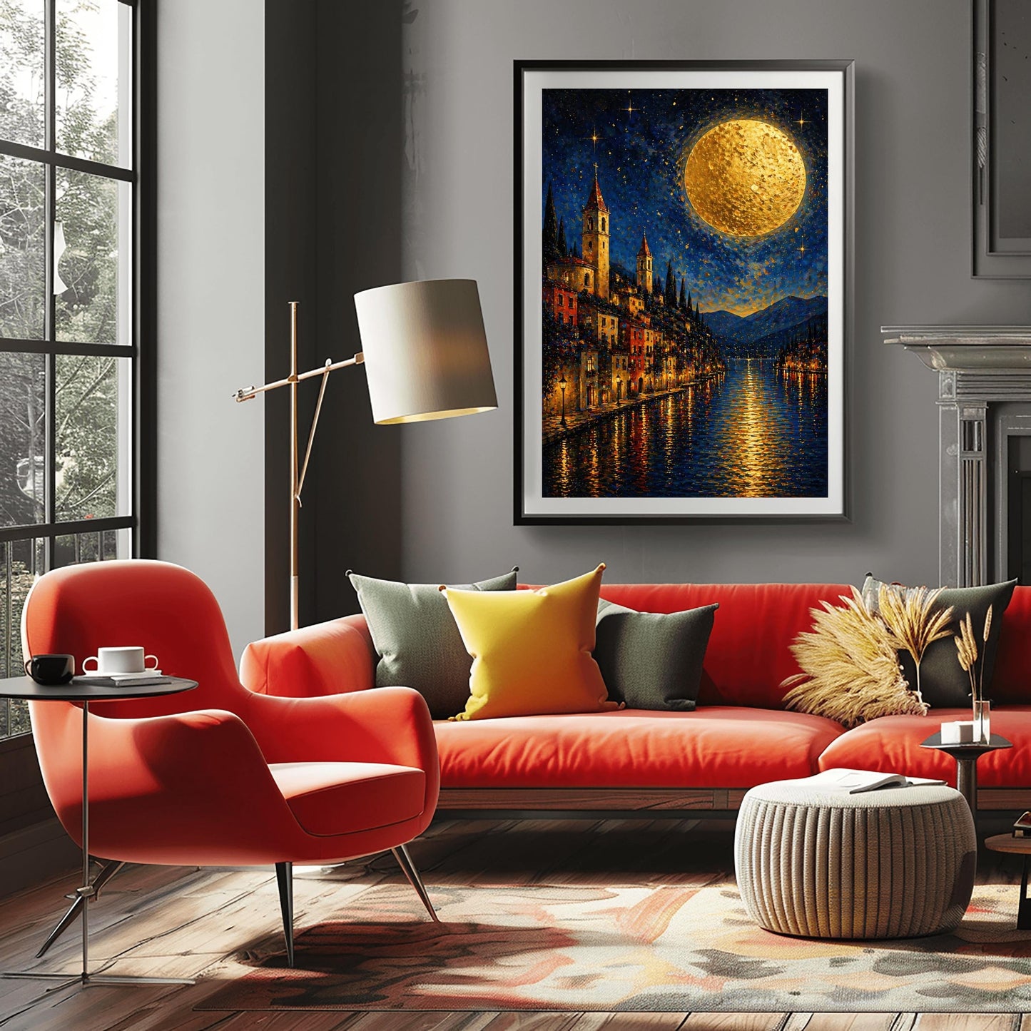 A vertical art print in a decorative mosaic style inspired by Gustav Klimt. A steep lakeside village with warm-lit windows and tall, pointed church spires rises from the edge of dark blue water. A massive, textured golden moon dominates the upper right of a starry night sky. The lights of the town and the moon reflect in long, vertical golden lines on the rippled water surface. Dark blue mountains are visible in the background.