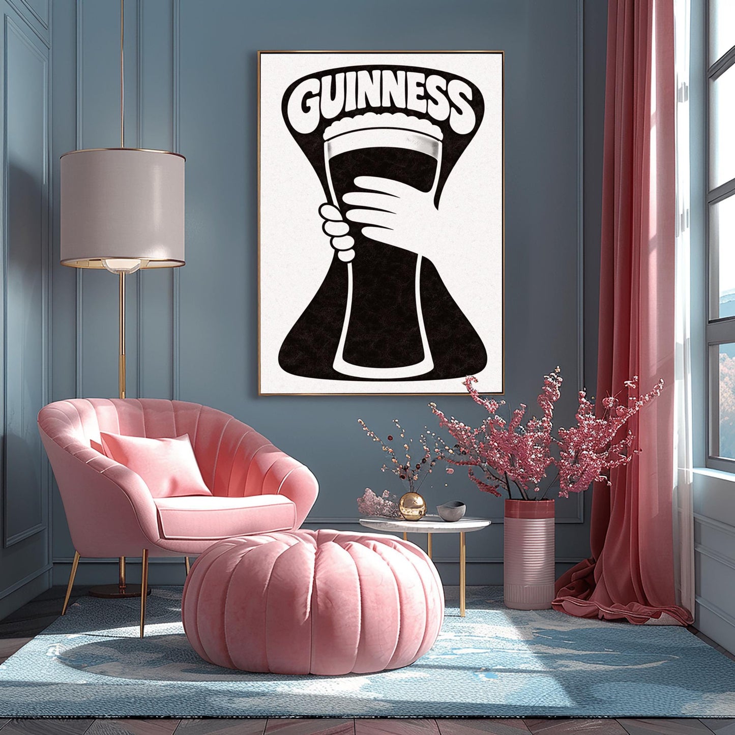 A vertical minimalist graphic in black and white. A large, black hourglass-shaped background features a white hand silhouette holding a pint glass made of negative space. The word "GUINNESS" is arched in bold white text at the top.