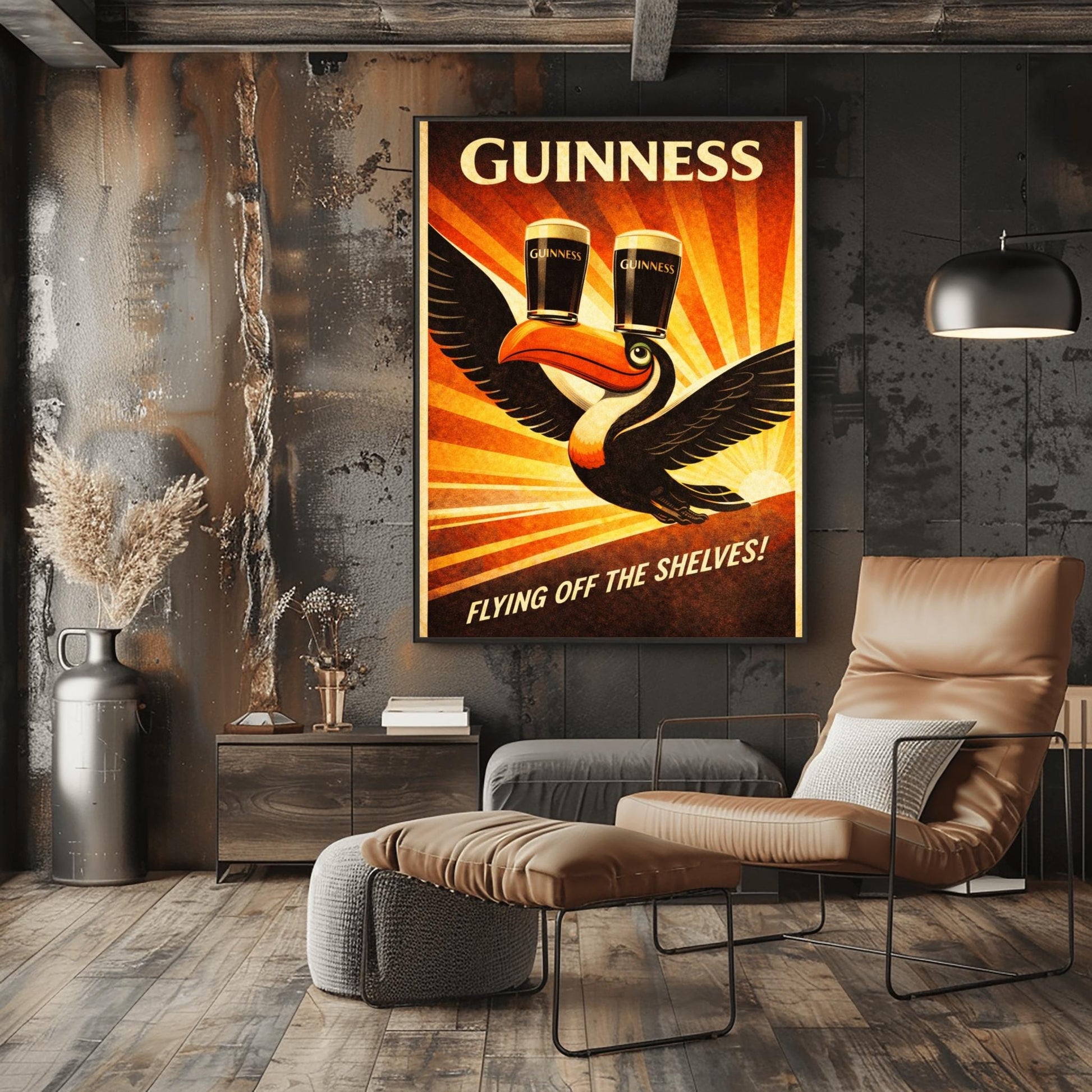 A vertical vintage-style advertising poster for Guinness. A toucan flies upward towards the top left, balancing two pints of beer on its beak. A large orange sunburst radiates from the bottom right background. Text at the top reads "GUINNESS" and the bottom reads "FLYING OFF THE SHELVES!"