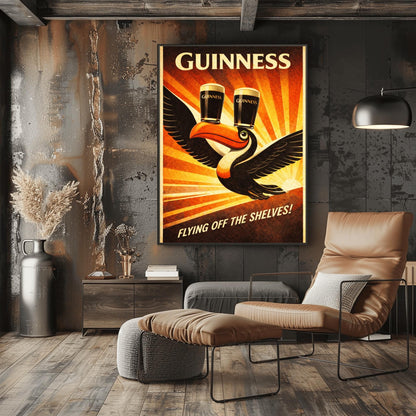 A vertical vintage-style advertising poster for Guinness. A toucan flies upward towards the top left, balancing two pints of beer on its beak. A large orange sunburst radiates from the bottom right background. Text at the top reads "GUINNESS" and the bottom reads "FLYING OFF THE SHELVES!"